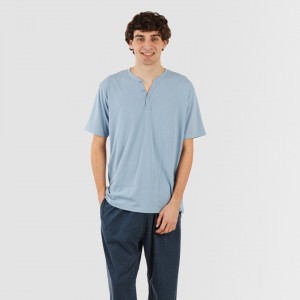 Pijama homem manga curta com botão azul indigo - azul marinho