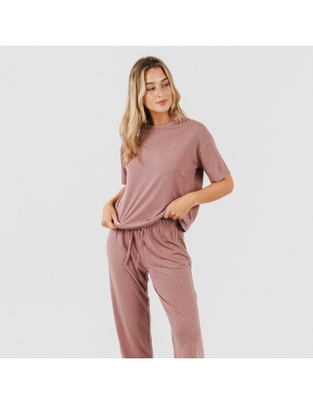 Pijama comprido manga curta viscosa mulher liso