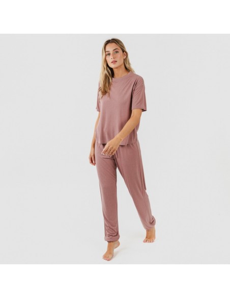 Pijama comprido manga curta viscosa mulher liso