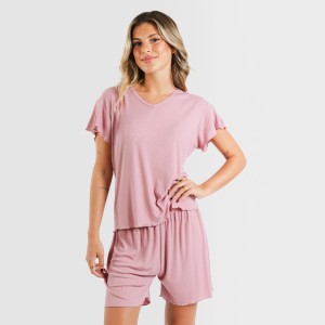 Pijama curto de manga curta mulher canelado viscosa liso 2