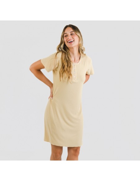Vestido manga curta canelado viscosa liso