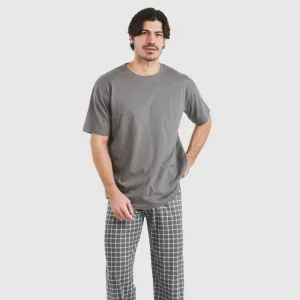Pijama comprido manga curta algodão homem Cuadro Roberto cinza