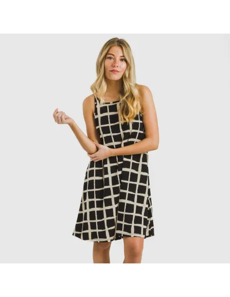 Vestido curto alças crepe Naroa bege - preto
