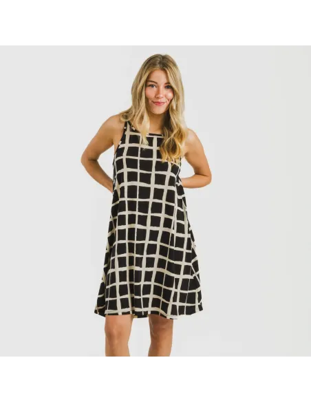 Vestido curto alças crepe Naroa bege - preto