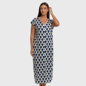 Vestido comprido manga fluida soft Laranja azul marinho