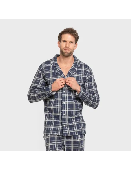 Pijama comprido camisa algodão homem Cuadro Brais azul