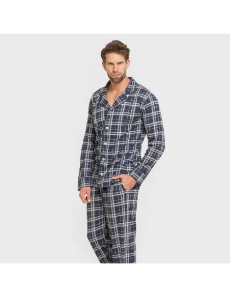 Pijama comprido camisa algodão homem Cuadro Brais azul