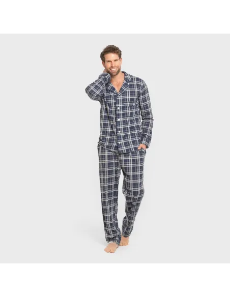 Pijama comprido camisa algodão homem Cuadro Brais azul